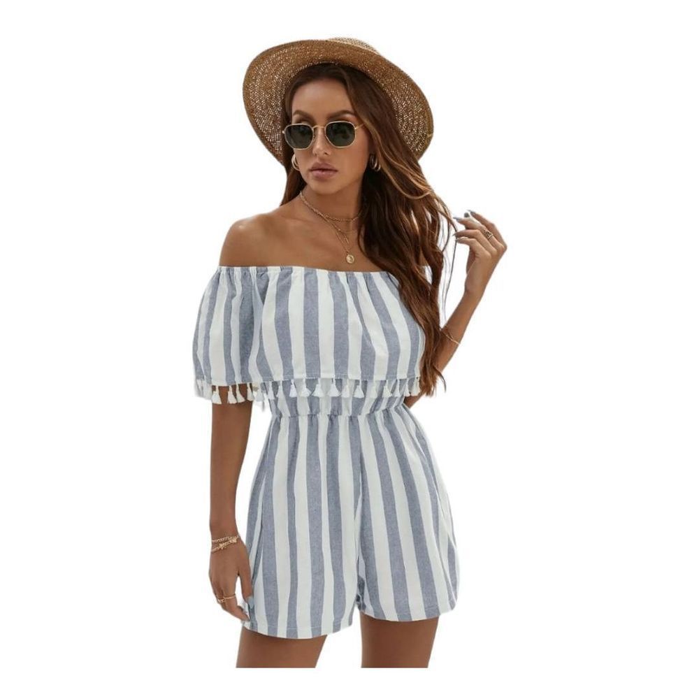 SHEIN Blue and White Striped Off-Shoulder Romper